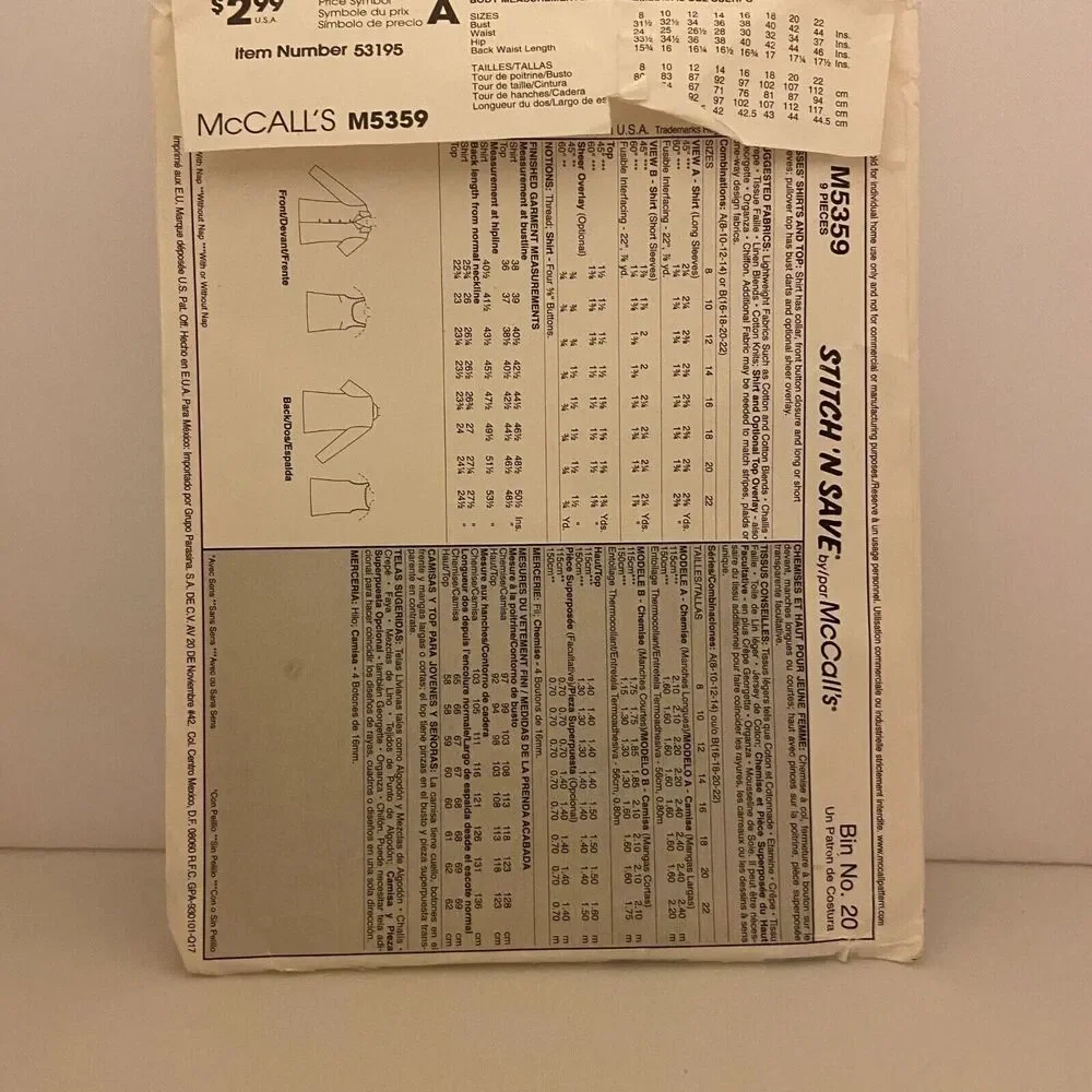 #M5359 McCalls Misses Shirt and Top Sewing Pattern Size 16-22